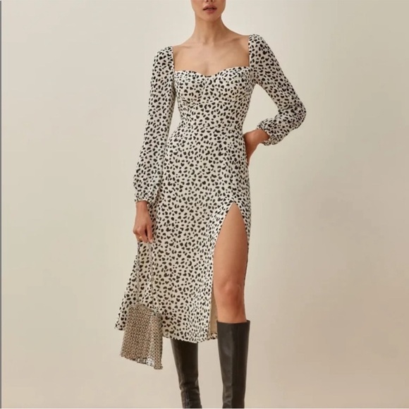 Reformation Dresses & Skirts - Reformation Shelby Dress Ocelot White Black Polka Dot Slit Bustier New Size 6